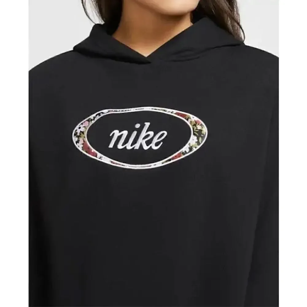 Nike Women's Black Floral Print Crop Pullover Hoodie